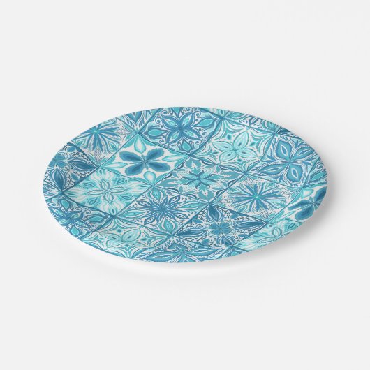 青華美色と白のタイル ペーパープレート (アングル)