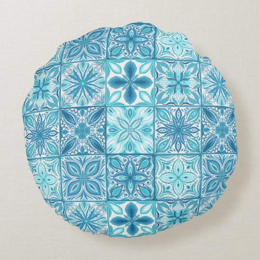 青華美色と白のタイル ラウンドクッション (裏面)