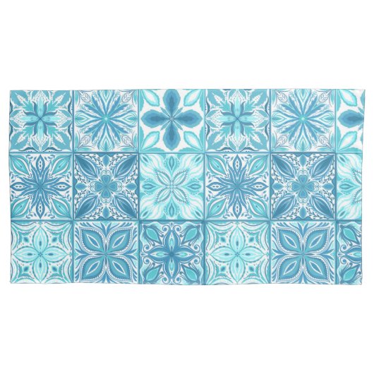 青華美色と白のタイル 枕カバー (正面左)