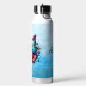 青蝶とピンクの花パーソナライズされた ウォーターボトル (左面)