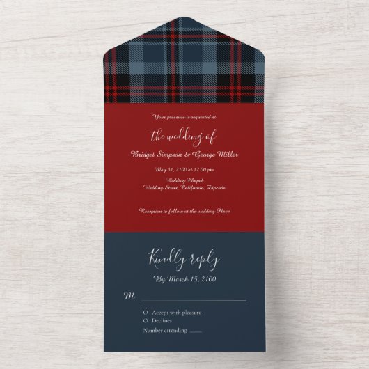 青赤スコットランド結婚式ケルトタータン プライド オールインワン招待状 (内側)