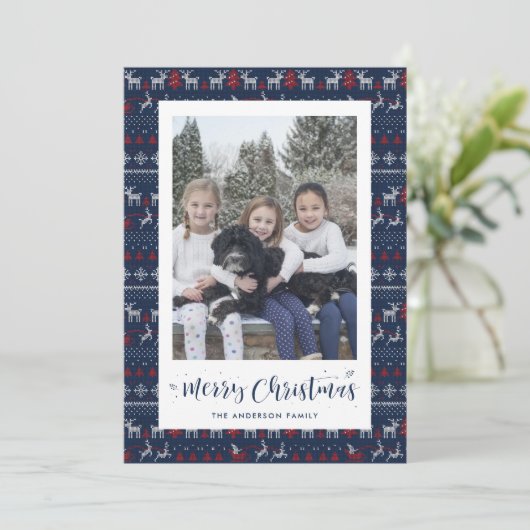 青赤白のサンタクロース写真クリスマスカード, ノスタルジックな青, 赤, 白のダサいスウェーターの写 シーズンカード (スタンド正面)