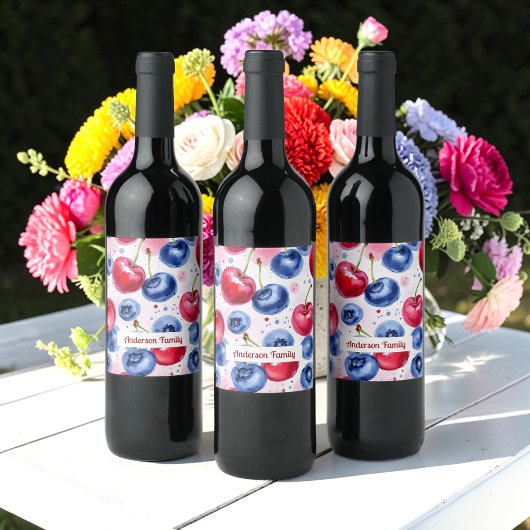 青赤 フルーツ ベリー チェリー 水彩模様 ワインラベル
