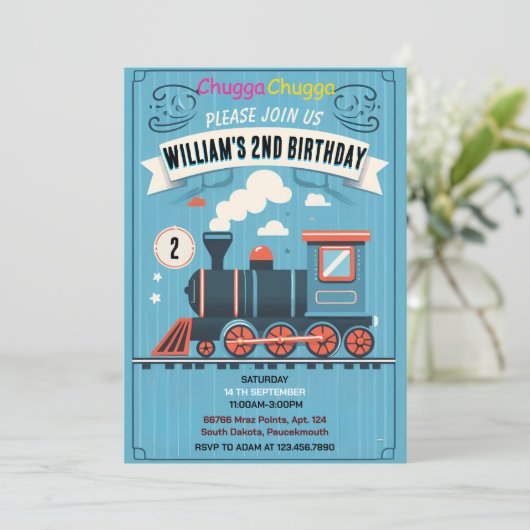 青遊男の子の男の子の子のヴィンテージ2列車2誕生日 招待状 (スタンド正面)