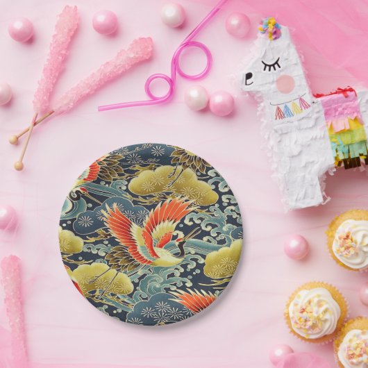 青金ゴールドオレン日本のジ着物鳥クレーン ペーパープレート (パーティー)