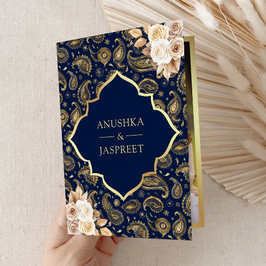 青金ゴールドペイズリーフローラQRコードインディアン結婚 招待状