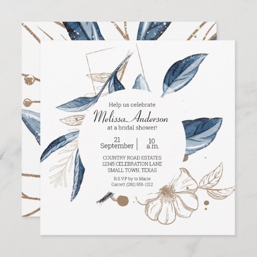 青金ゴールドモダンフローラエレガントブライダルシャワー 招待状 (正面/裏面)