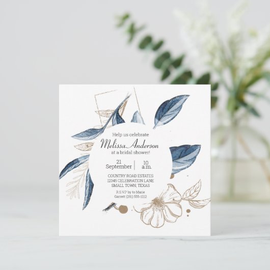 青金ゴールドモダンフローラエレガントブライダルシャワー 招待状 (スタンド正面)