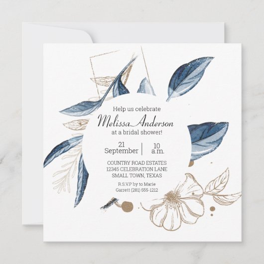 青金ゴールドモダンフローラエレガントブライダルシャワー 招待状 (正面)