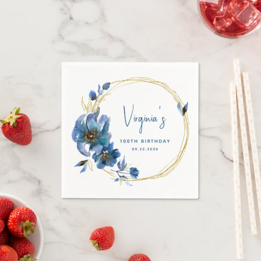 青金ゴールド水彩フローラ100誕生日 スタンダードカクテルナプキン (インサイチュ)