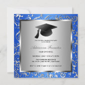 青銀の花柄 ブラック 卒業帽 招待状 (裏面)