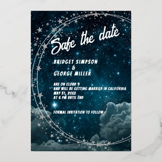 青銀河系雲9結婚の安全な日付 箔招待状 (正面)