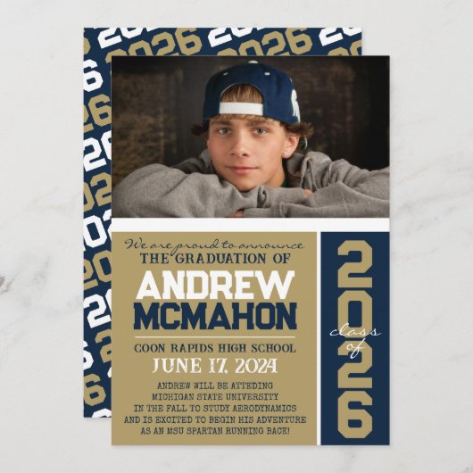 青銅と海軍のモダン卒業写真の発表 招待状 (正面/裏面)