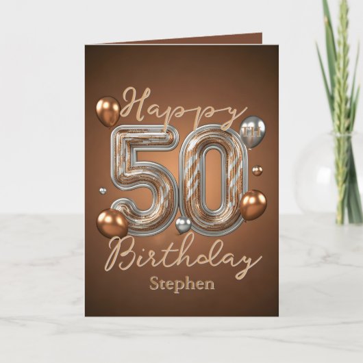 青銅エレガントと銀色の風船50誕生日 カード (正面)