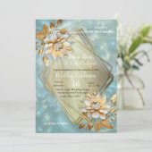 青銅ゴールドのバロックデザインにライトブルーのパレット 招待状 (スタンド正面)