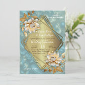 青銅ゴールドのバーオグ様式の背景にライトブルーのパレット 招待状 (スタンド正面)