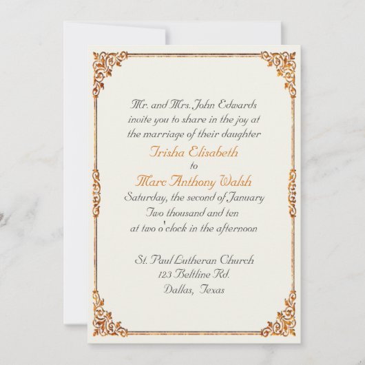 青銅及び羊皮紙の秋の結婚式の招待状 招待状 (正面)