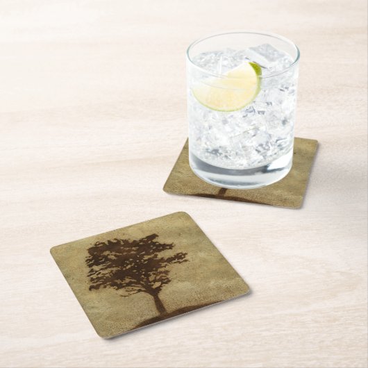 青銅色の背景の木のシルエット スクエアペーパーコースター (インサイチュ)