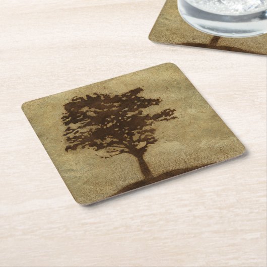青銅色の背景の木のシルエット スクエアペーパーコースター (アングル)