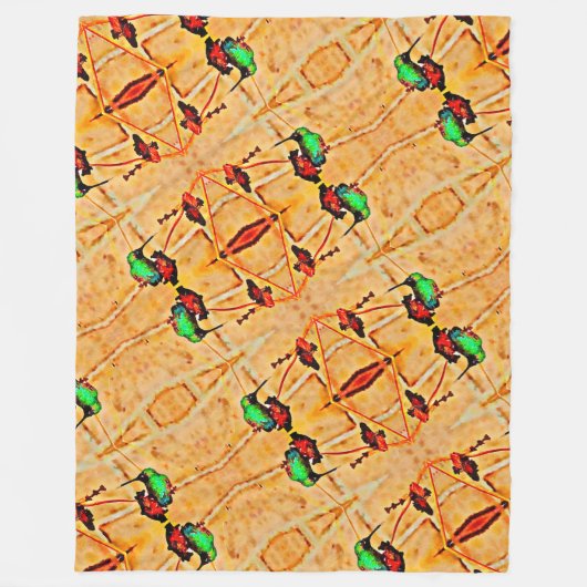 青銅、金ゴールド赤と紫のハチドリ フリースブランケット (正面)