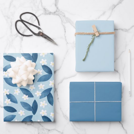 青離れい花と白い花シームレスなパターン ラッピングペーパーシート (正面)