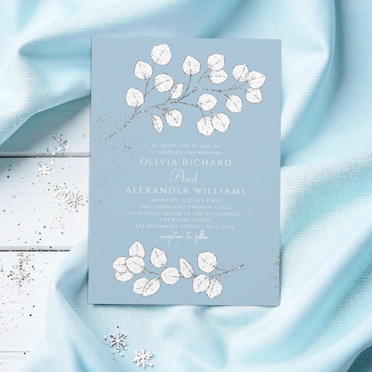 青霜の降りた銀緑ユーカリ結婚ス 招待状