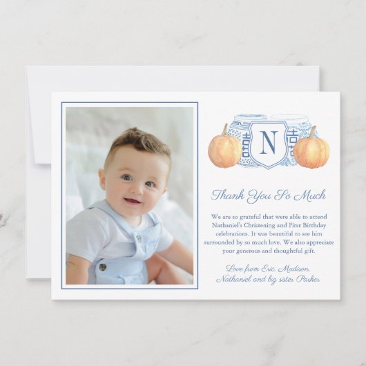青頭が切れると白のカボチャの子供の誕生日写真 サンキューカード (正面)