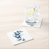 青飛んでいる蝶モルフォ スクエアペーパーコースター (インサイチュ)