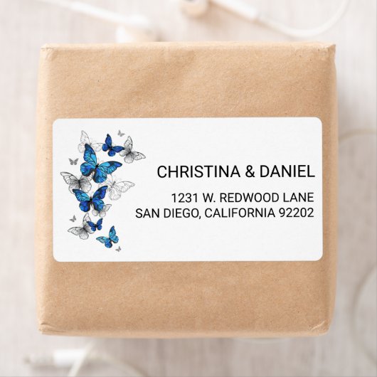 青飛んでいる蝶モルフォ ラベル (インサイチュ)