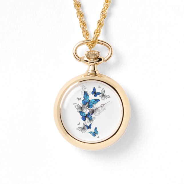 青飛んでいる蝶モルフォ 腕時計 (正面)