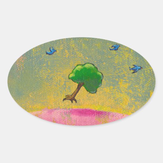 青飛んでいる鳥おもしろい希望の芸術絵画付き木 楕円形シール (正面)