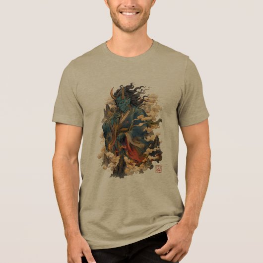 青鬼の悪魔戦士 | 日本の妖怪神話 トライブレンドTシャツ (正面)