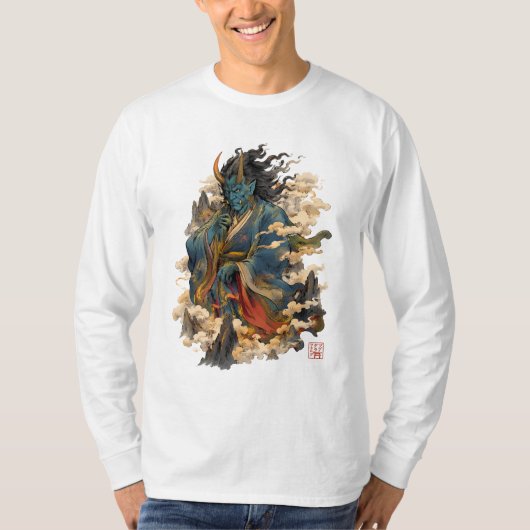 青鬼の悪魔戦士 | 日本の妖怪神話 Tシャツ (正面)