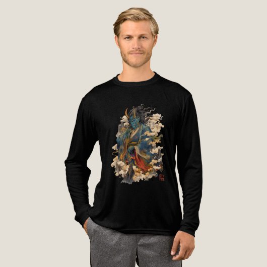 青鬼の鬼戦士|日本の妖怪神話 トライブレンドTシャツ (正面全体)