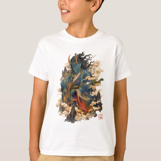 青鬼の鬼戦士|日本の妖怪神話 Tシャツ (正面)