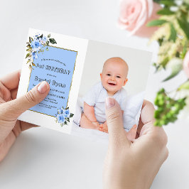 青魅力的花写真少年1歳の誕生日 招待状