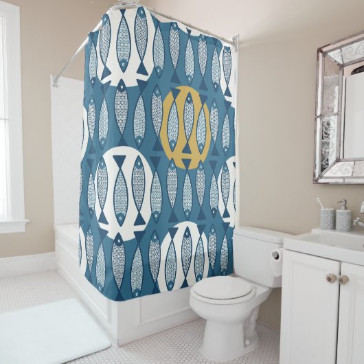 青魚の縫い目の無いインスパイア模様(スカンジ) シャワーカーテン (インサイチュ)