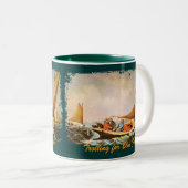 青魚を釣るためにトローリング中 ツートーンマグカップ (正面右)