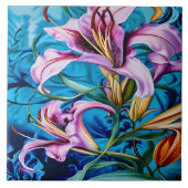 青鮮やかい背景にピンクのユリ タイル (正面)