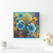 青鮮やかとオレンジのフローラデザイン スクエア壁時計 (ホーム)