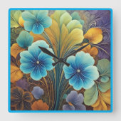 青鮮やかとオレンジのフローラデザイン スクエア壁時計 (正面)