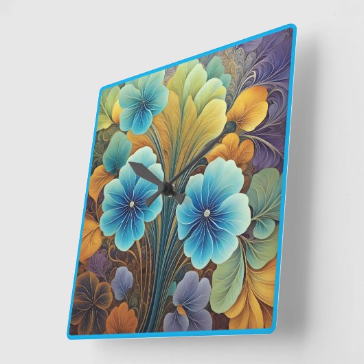 青鮮やかとオレンジのフローラデザイン スクエア壁時計 (傾斜)