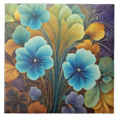 青鮮やかとオレンジのフローラデザイン タイル (正面)