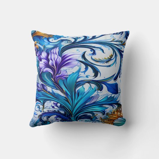 青鮮やかと紫のアクセントを持つフローラデザイン クッション (裏面)