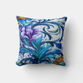 青鮮やかと紫のアクセントを持つフローラデザイン クッション (正面)