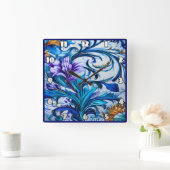 青鮮やかと紫のアクセントを持つフローラデザイン スクエア壁時計 (ホーム)