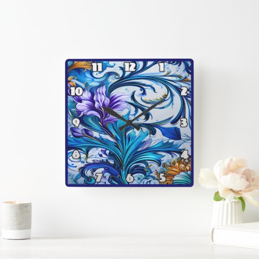 青鮮やかと紫のアクセントを持つフローラデザイン スクエア壁時計 (ホーム)