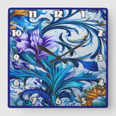 青鮮やかと紫のアクセントを持つフローラデザイン スクエア壁時計 (正面)