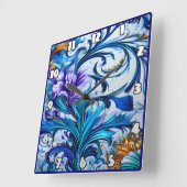 青鮮やかと紫のアクセントを持つフローラデザイン スクエア壁時計 (傾斜)