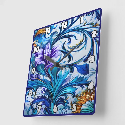 青鮮やかと紫のアクセントを持つフローラデザイン スクエア壁時計 (傾斜)